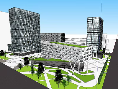 Modern Office Building Complex With Glass Facades Green Roof And Landscaped Gardens 3d model