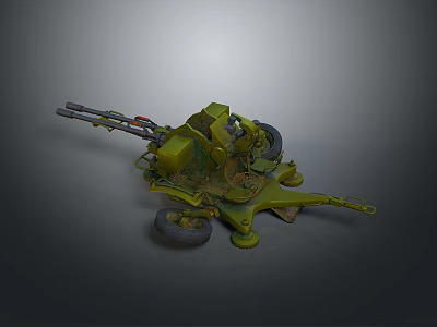 Antique Green Wheeled Military Artillery Weapon With Long Barrel And Metal Mount 3d model