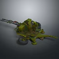 Antique Green Wheeled Military Artillery Weapon With Long Barrel And Metal Mount