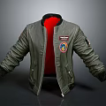 Pilot Style Dark Green Jacket With Red Lining And Decorative Patches 3d model