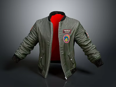 Pilot Style Dark Green Jacket With Red Lining And Decorative Patches 3d model Pilot Style Dark Green Jacket With Red Lining And Decorative Patches 3d model