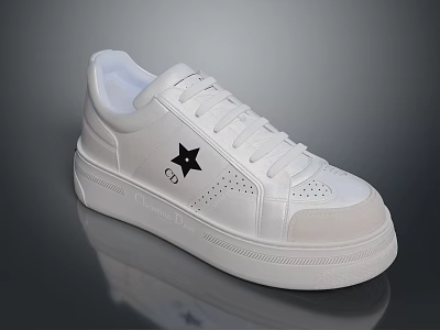 White Casual Sneakers with Black Star Logo CD Lettering and Thick Sole Design 3d model