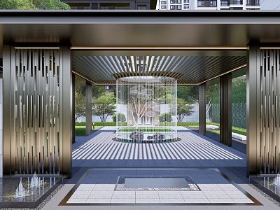 Modern Entrance Gate Design With Metal Grilles Water Features Green Plants And Stone Flooring 3d model