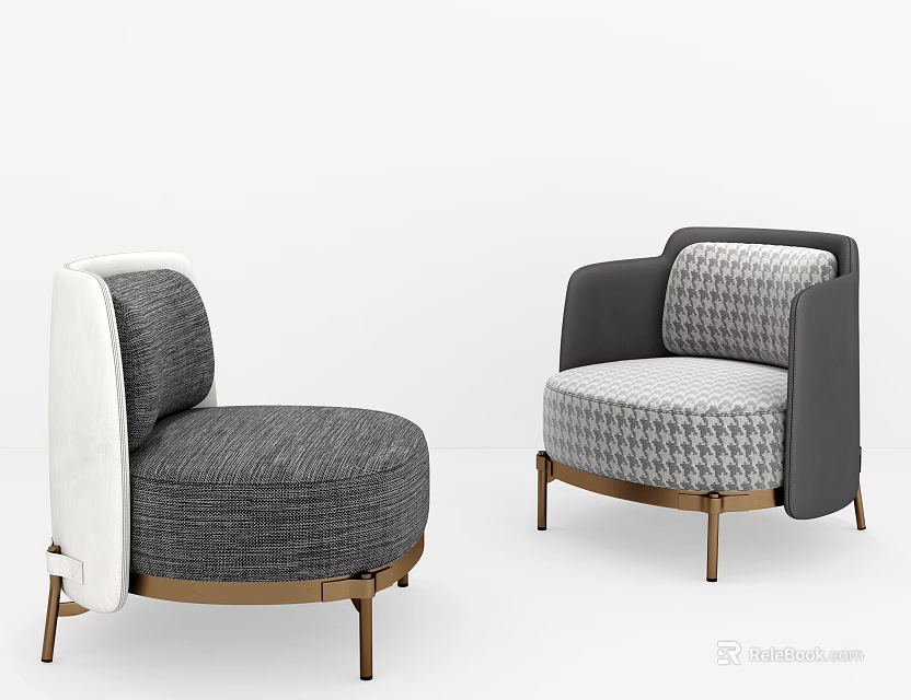 Modern Single Sofa with Stylish Gray Houndstooth Pattern Fabric and Metal Legs 3d model