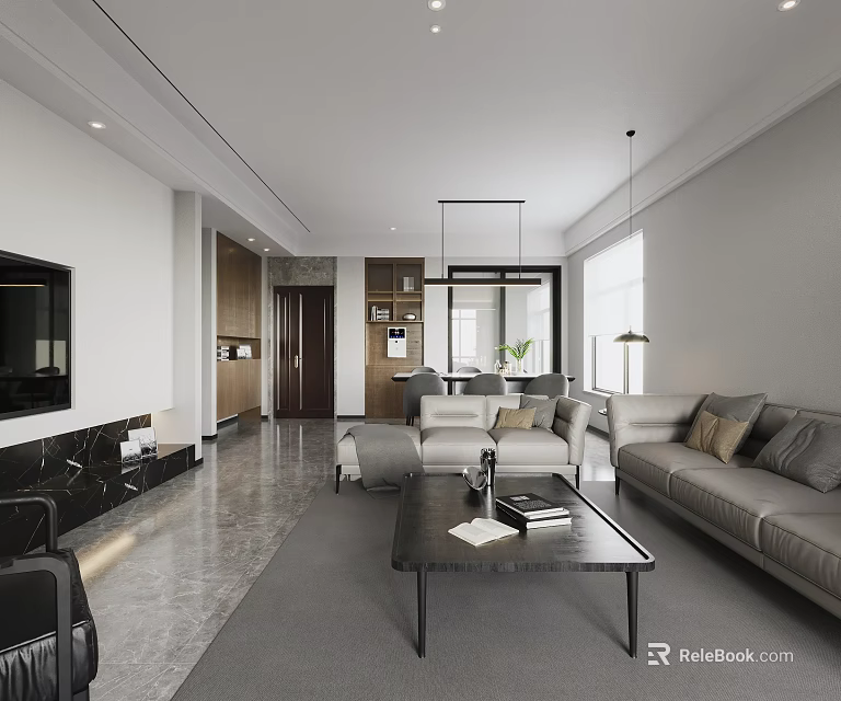 Modern Living And Dining Room With Sofa Coffee Table TV And Floor To Ceiling Windows 3d model 