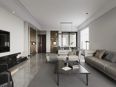 Modern Living And Dining Room With Sofa Coffee Table TV And Floor To Ceiling Windows 3d model