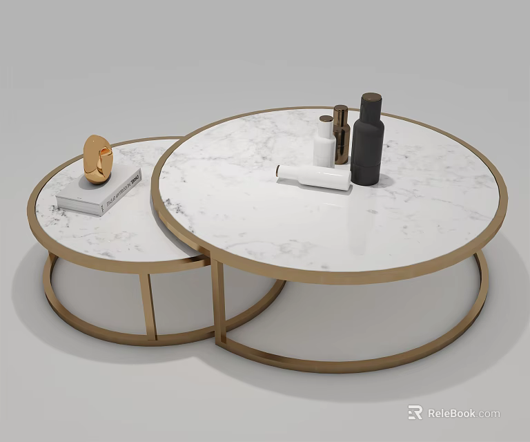 Elegant Round Nested Coffee Tables With Marble Top Gold Frame And Decorative Items 3d model