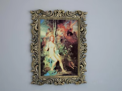 Figure Painting in Ornate Gold Frame Featuring Female Figure and Lush Greenery 3d model
