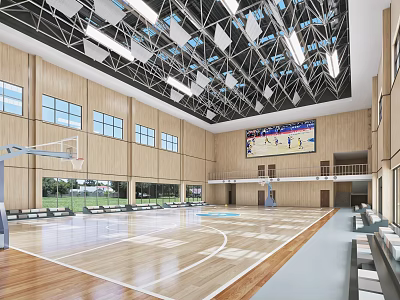 Spacious Basketball Gymnasium With Wooden Floor Walls Large Windows Hoop Ceiling Lighting And Screen 3d model