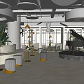 Modern Open Coffee Shop Interior With White Walls Marble Floor And Piano