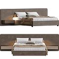 Double Bed With Gray Upholstered Headboard Wooden Floating Nightstand White Gray Pillows And Brown Blanket