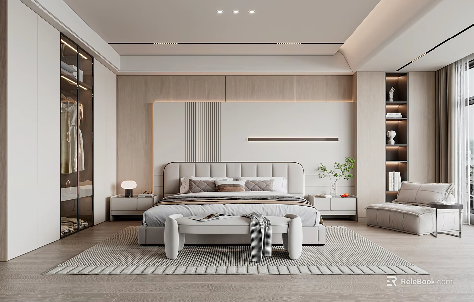 Modern Bedroom Interior With Wooden Wall Paneling Upholstered Headboard Nightstand And Area Rug 3d model 