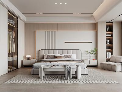 Modern Bedroom Interior With Wooden Wall Paneling Upholstered Headboard Nightstand And Area Rug 3d model