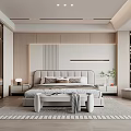 Modern Bedroom Interior With Wooden Wall Paneling Upholstered Headboard Nightstand And Area Rug