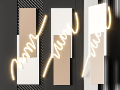 Modern Geometric Wall Decor With Neon Lights Beige White And Black Striped Background 3d model