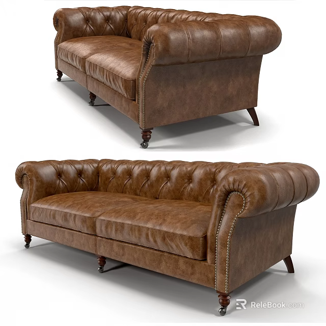 Brown Leather Two Seater Sofa with Tufted Back Wooden Legs and Brass Nailhead Trim 3d model 