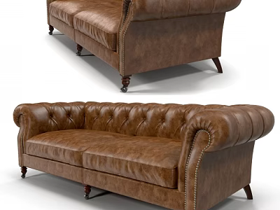 Brown Leather Two Seater Sofa with Tufted Back Wooden Legs and Brass Nailhead Trim 3d model