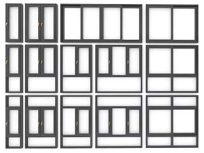 Various Black Window Frames With Different Panel Configurations For Home Use 3d model