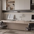 Modern Home Study With Long Desk Computer Monitors Bookshelf And Leather Chairs