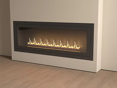 Modern Built in Fireplace with Burning Flames in Light Colored Wall and Wooden Floor 3d model