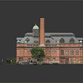 Historic Red Brick Building With Tall Chimney Green Roof Arched Windows And Surrounding Trees