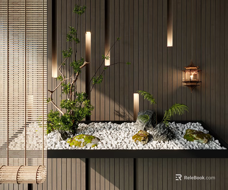Japanese Zen Indoor Landscape With Stone Gravel Green Plants And Wall Lantern 3d model 