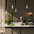 Japanese Zen Indoor Landscape With Stone Gravel Green Plants And Wall Lantern
