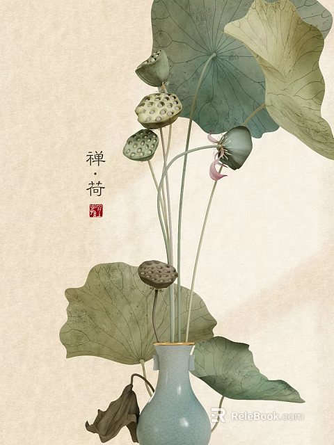 Traditional Chinese Zen Bonsai Potted Plant with Lotus Leaves and Seed Pods 3d model 