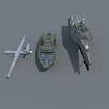 Warship with Small Camouflage Boat and Propeller Aircraft in Military Naval