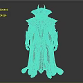 Fantasy Character In Blue Silver Armor With Spiked Helmet Red Eyes And Golden Cloak