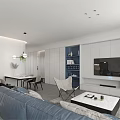 Modern Open Living And Dining Room Interior With Blue Sofa Dining Table And Pendant Lights