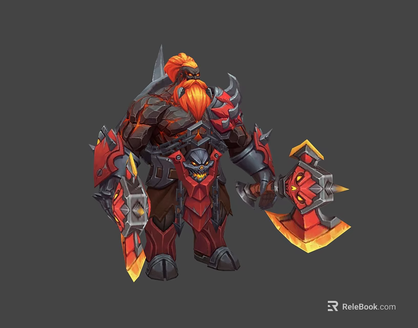 Red Bearded Armored Warrior In Spiked Armor Wielding Flaming Axe And Shield 3d model 
