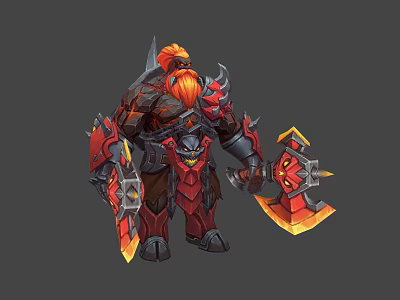 Red Bearded Armored Warrior In Spiked Armor Wielding Flaming Axe And Shield 3d model