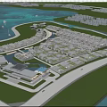 Aerial Planning of Waterfront Residential Area with Sunset View Lush Greenery and Buildings