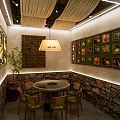 Rustic Mountain Hotpot Restaurant Interior With Stone Walls Green Plants Wooden Tables Pendant Lights