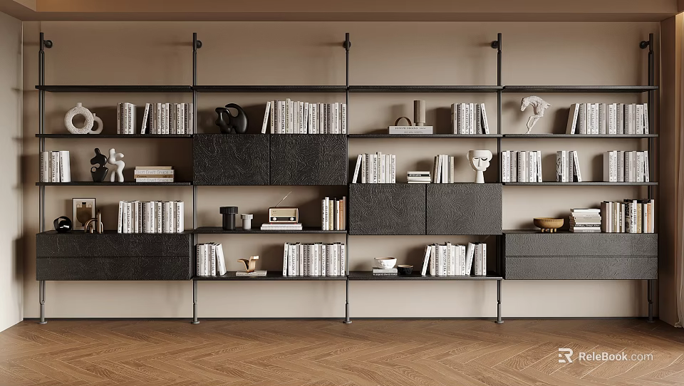Elegant Modern Multi layered Bookcase With Wooden Frame Open Shelves Books Decorative Items And Sculptures 3d model 