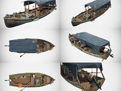 Traditional Wooden Boat With Blue Canvas Cover Classic Design And Vintage Oars 3d model