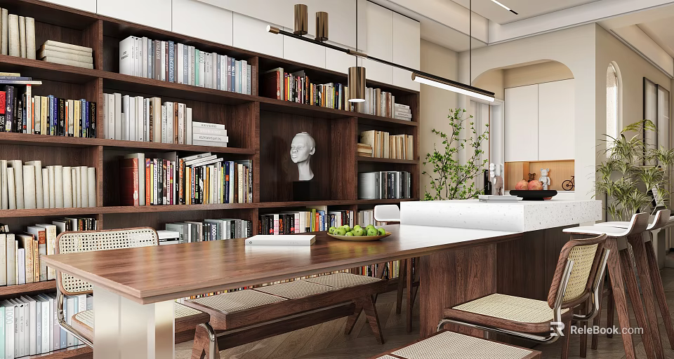 Warm Restaurant Interior Featuring Wooden Table Bookshelves White Statue Green Plant And Chairs 3d model 