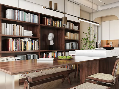 Warm Restaurant Interior Featuring Wooden Table Bookshelves White Statue Green Plant And Chairs 3d model