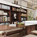 Warm Restaurant Interior Featuring Wooden Table Bookshelves White Statue Green Plant And Chairs