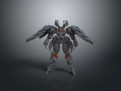 Sci Fi Mechanical Robot Character With Large Mechanical Wings And Red Accents In Standing Pose 3d model