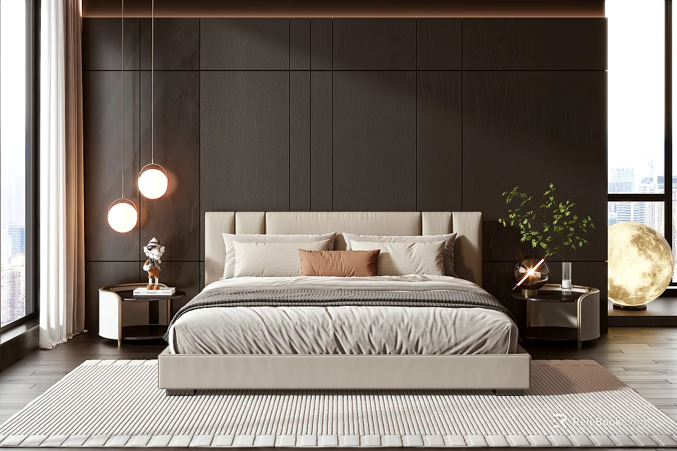 Luxury Double Bed In Modern Bedroom With Dark Wood Paneling Light Bedding And Green Plant 3d model 