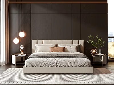 Luxury Double Bed In Modern Bedroom With Dark Wood Paneling Light Bedding And Green Plant 3d model