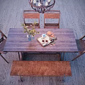 Rustic Wooden Dining Table Set With Chairs Bench Decorative Tabletop Items And Chandelier 3d model