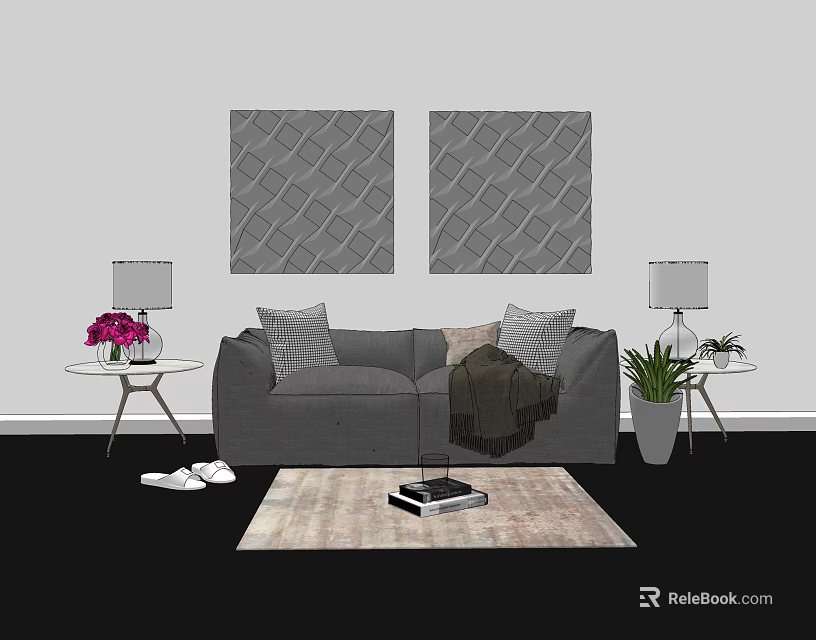 Gray Double Sofa with Pillows Throw Blanket Front Rug and Wall Art Decor 3d model