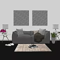 Gray Double Sofa with Pillows Throw Blanket Front Rug and Wall Art Decor 3d model