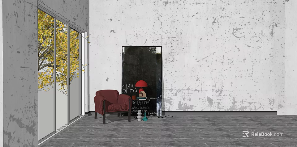 Red Single Sofa in Interior with White Textured Wall Window and Yellow Tree View 3d model 