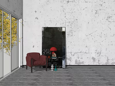 Red Single Sofa in Interior with White Textured Wall Window and Yellow Tree View 3d model