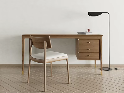 New Chinese Style Desk and Chair Desk Floor Lamp Solid Wood Desk 3d model
