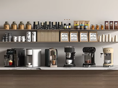 Modern Kitchen Appliances on Countertop with Coffee Machines Shelves of Jars and Cups 3d model